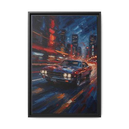 Framed Matte Canvas – Retro Muscle Car City Night Print