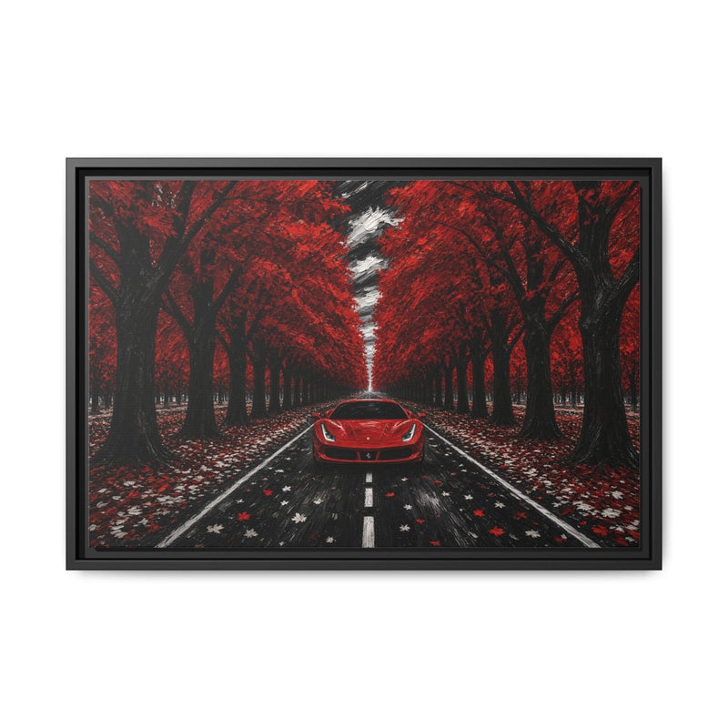 Framed canvas wall art with a red sports car in the middle of a red forest road