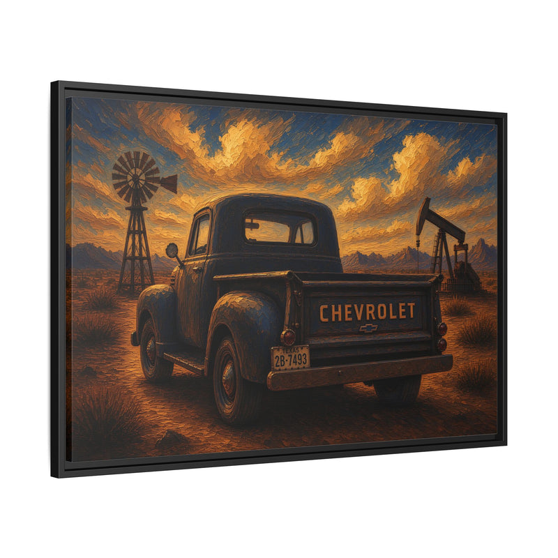 Vintage Chevrolet Oil Field Sunset | Framed Canvas Wall Art