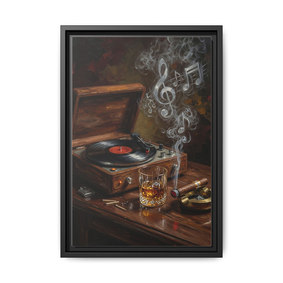 Vintage Record Player with Whiskey and Cigar / Music Note Smoke - Framed Canvas