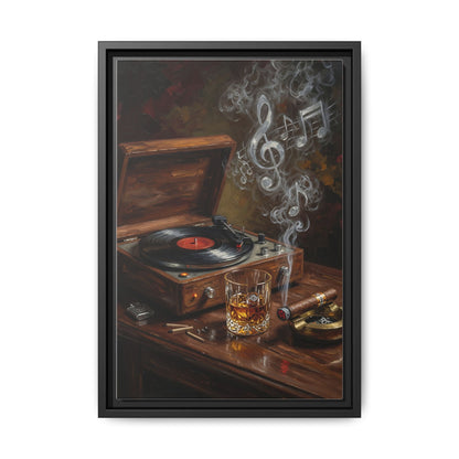Vintage Record Player with Whiskey and Cigar / Music Note Smoke - Framed Canvas