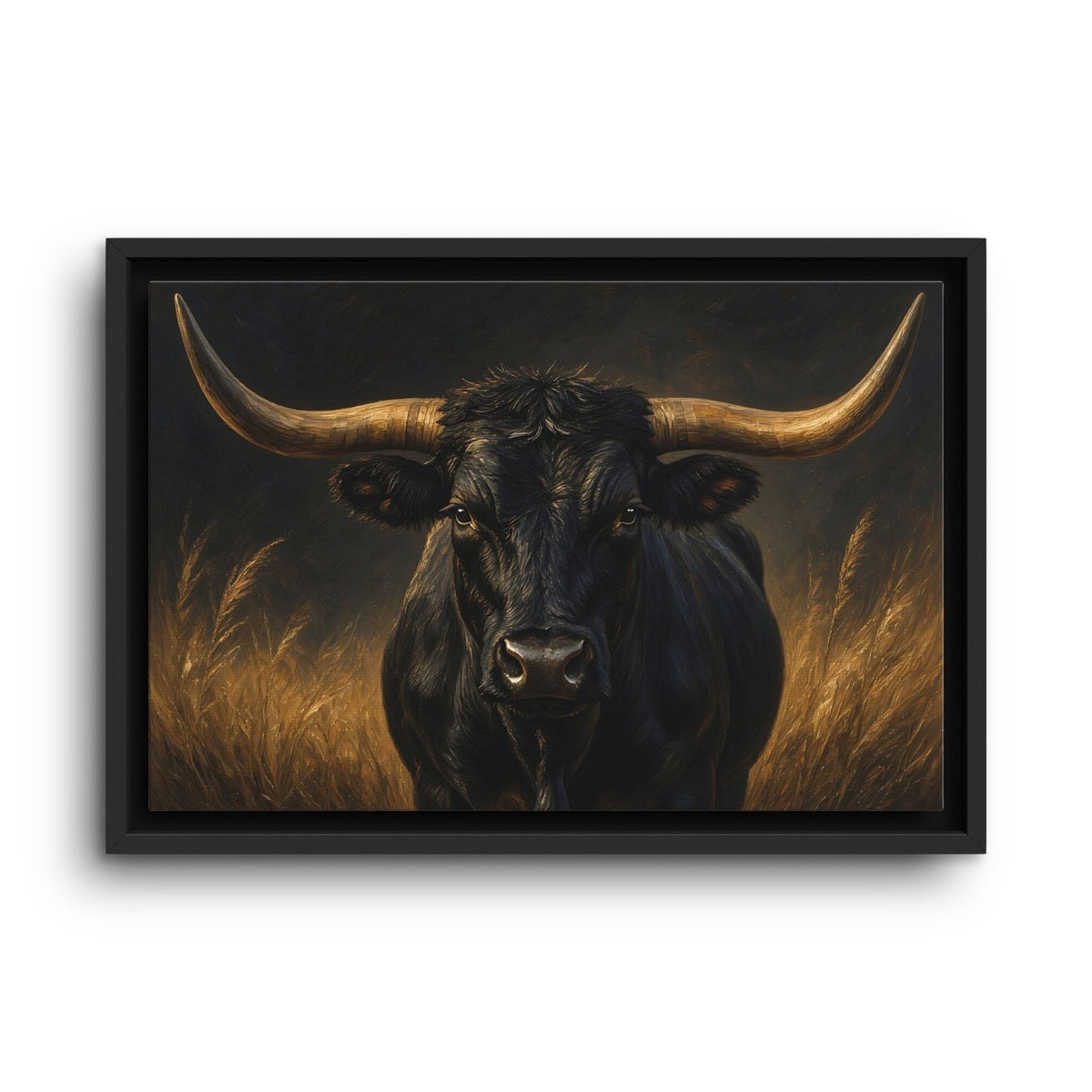 Black-framed canvas print of a black longhorn bull in golden grass