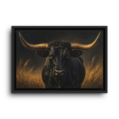 Black-framed canvas print of a black longhorn bull in golden grass