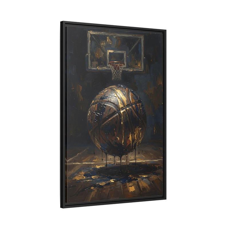Framed matte canvas basketball artwork with painted basketball, hoop, and dark background