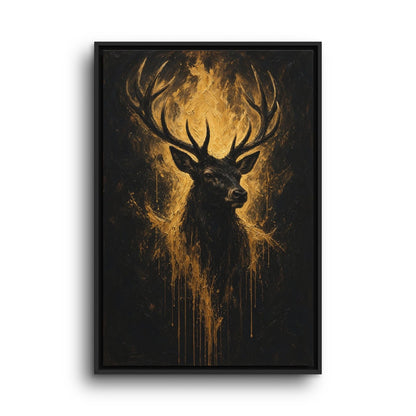 Gold stag canvas art with broad antlers, shown in a black frame
