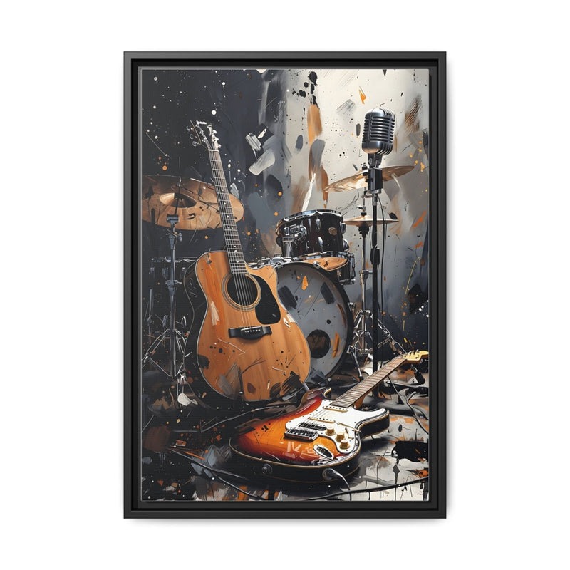 Black-framed matte canvas wall art featuring orange acoustic guitar, electric guitar, drums