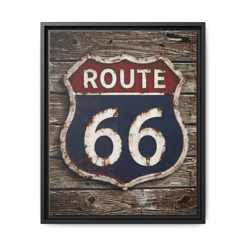 Framed Route 66 shield wall sign with red ROUTE text and distressed blue 66.