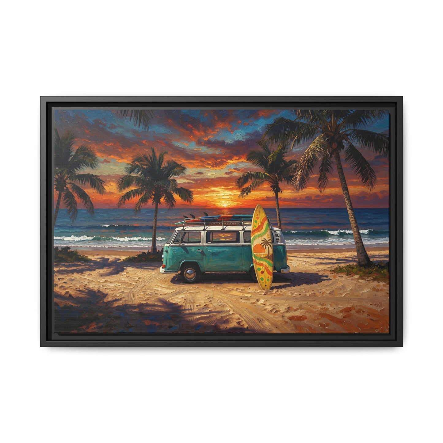 Beach Sunset Van Canvas Print — Surfboard Coastal Wall Art (Framed)