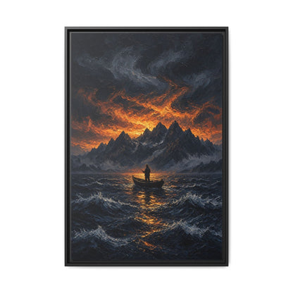 Framed canvas wall art with orange sky over mountains, lone fisherman on waves