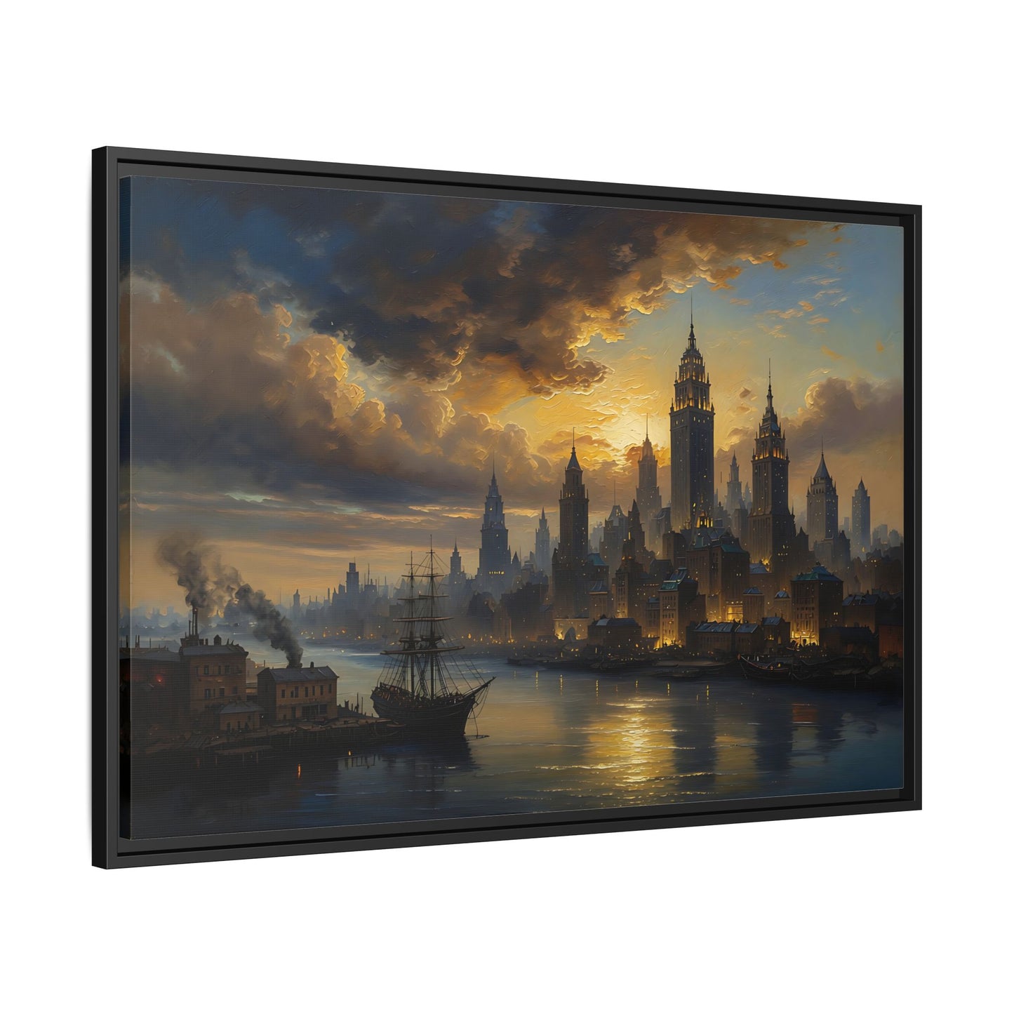 Framed Vintage Skyline Matte Canvas - Victorian Harbor Cityscape