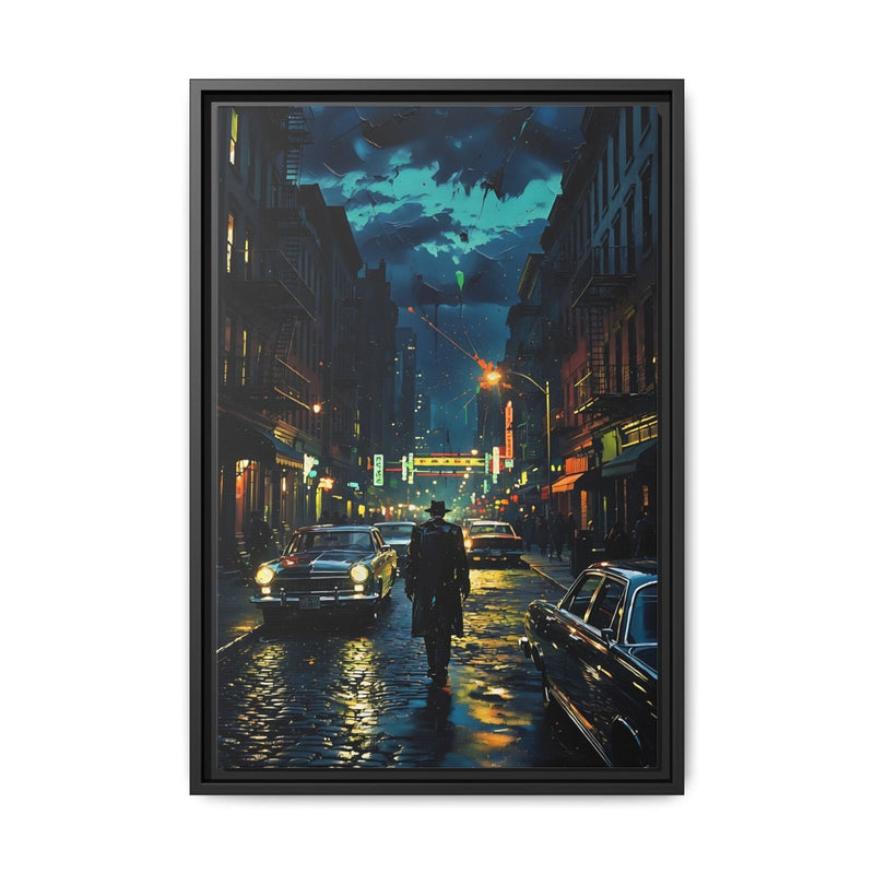 Black-framed canvas print with neon-lit rainy street and vintage cars