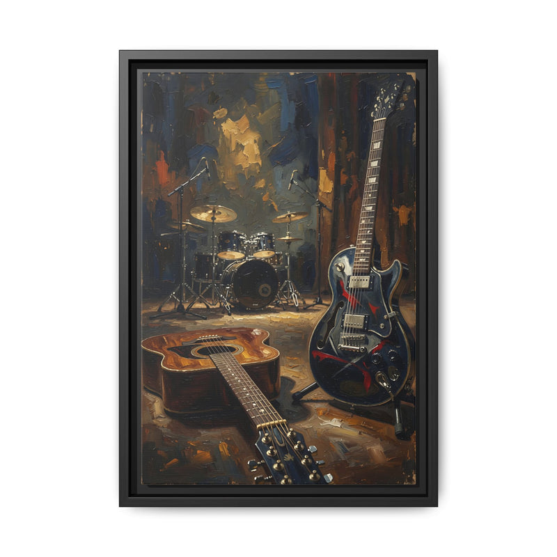 Framed Rock N Roll Matte Canvas - Vintage Guitar & Drum Set Music Wall Art