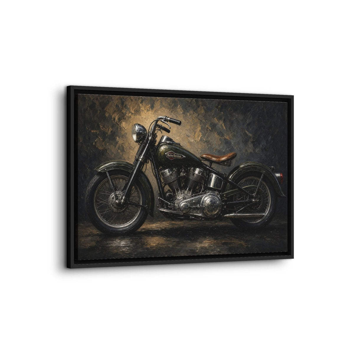 Angled view of framed canvas featuring a vintage black motorcycle