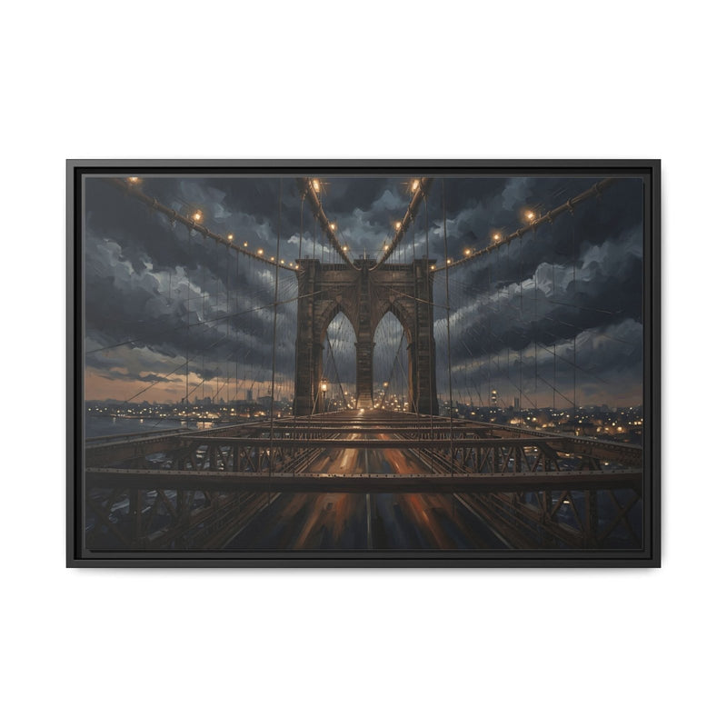 Black framed matte canvas of Brooklyn Bridge at dusk with glowing suspension cables.