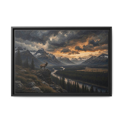 Framed canvas wall art showing mountain range, winding river, and elk at dusk