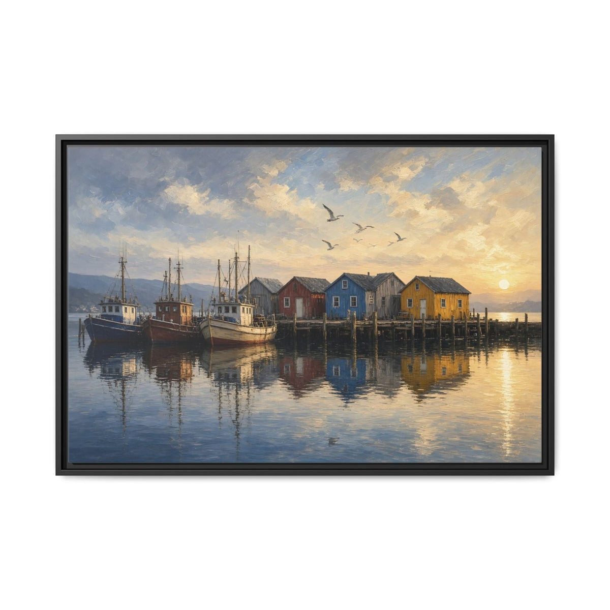 Framed canvas wall art: fishing harbor with boats, houses, birds, and sunset reflection; black frame