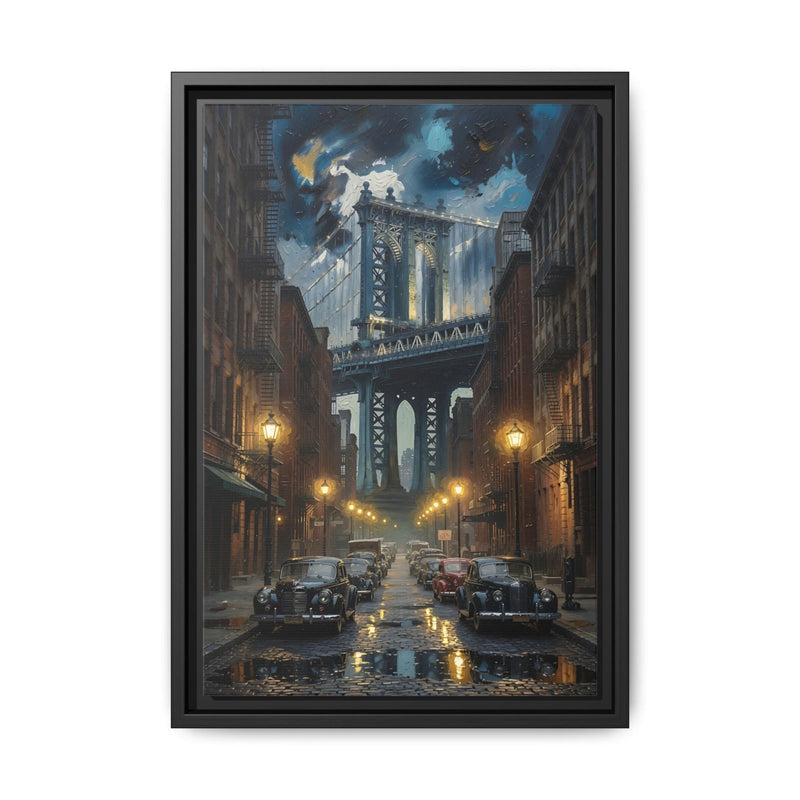 Framed canvas wall art, night skyline street with illuminated bridge and parked cars