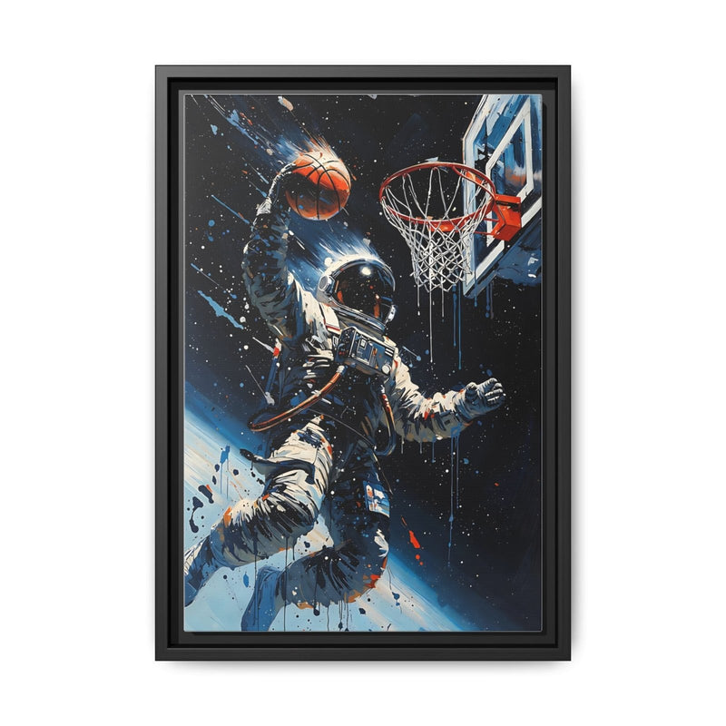 Black-framed matte canvas featuring an astronaut dunking a basketball in outer space.