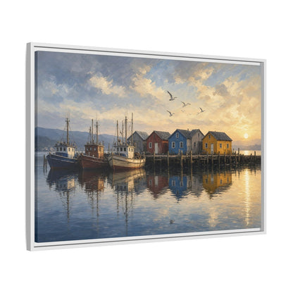 Framed fishing harbor canvas showing docked boats, seaside houses, and birds