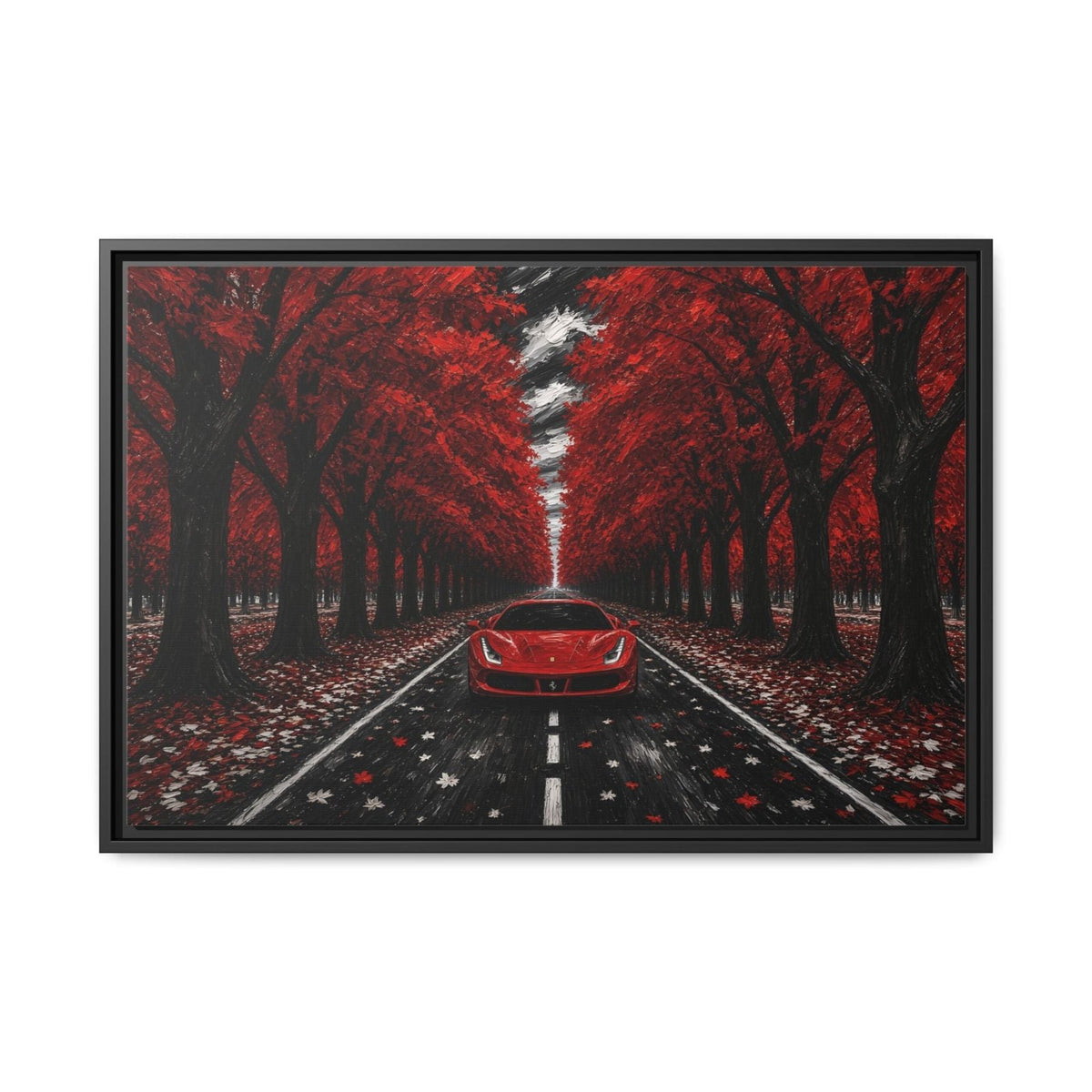 Framed canvas wall art of a red sports car on a tree-lined autumn road