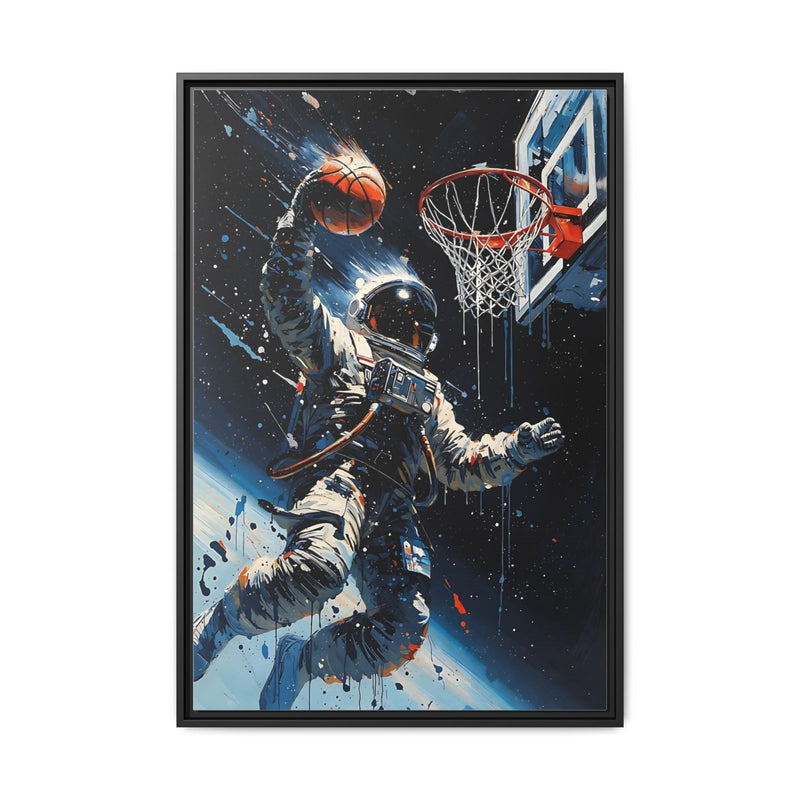 Black-framed matte canvas with an astronaut dunking a basketball toward a hoop.