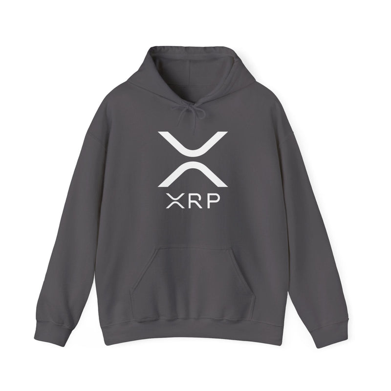 Charcoal pullover hoodie with hood, kangaroo pocket, and white XRP logo on chest
