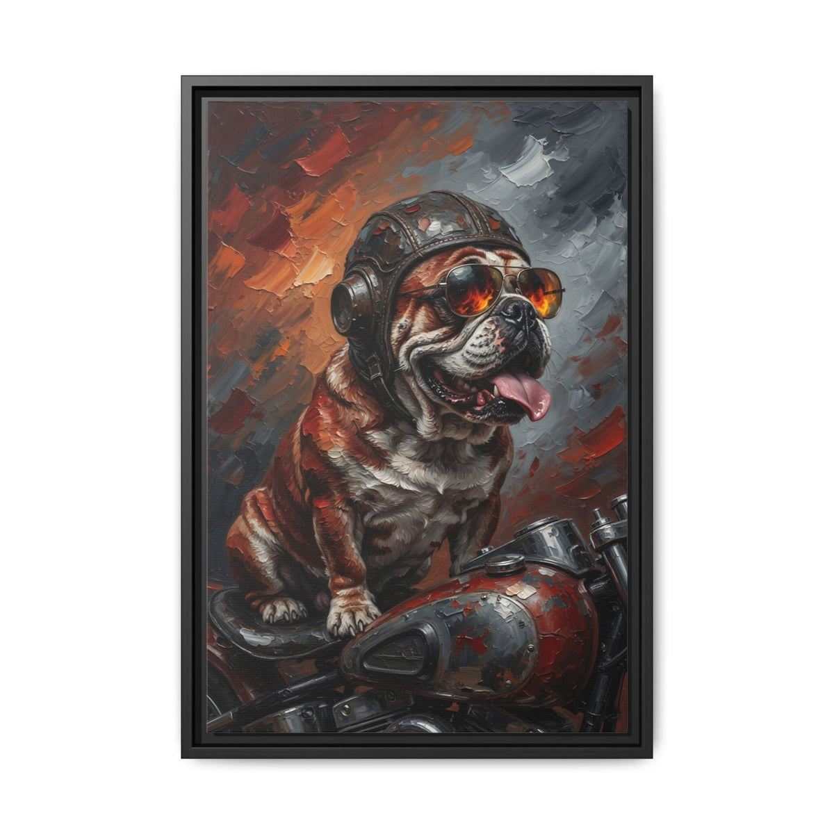 Framed canvas biker bulldog painting, black frame, dog leaning on a painted motorcycle