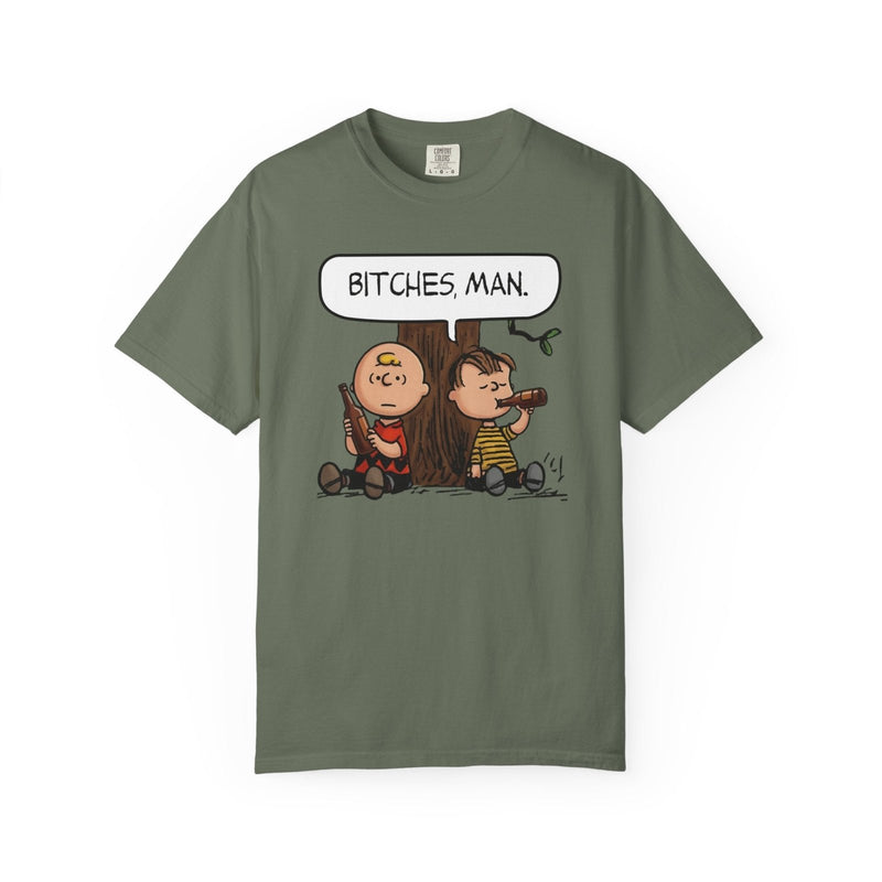 Moss green graphic t-shirt with cartoon characters and “BITCHES, MAN.” print on chest