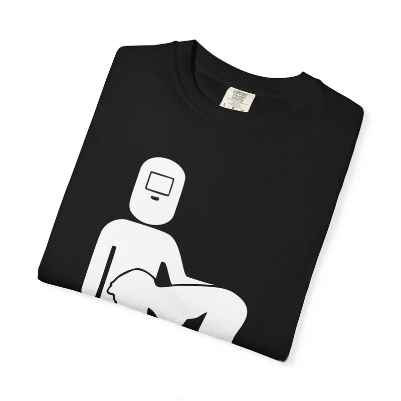 Black crew-neck T-shirt with partial white welding silhouette graphic