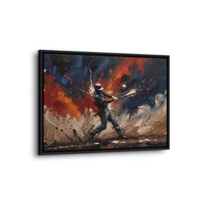 Framed baseball paint splatter canvas with swinging batter silhouette against blue, red, and beige