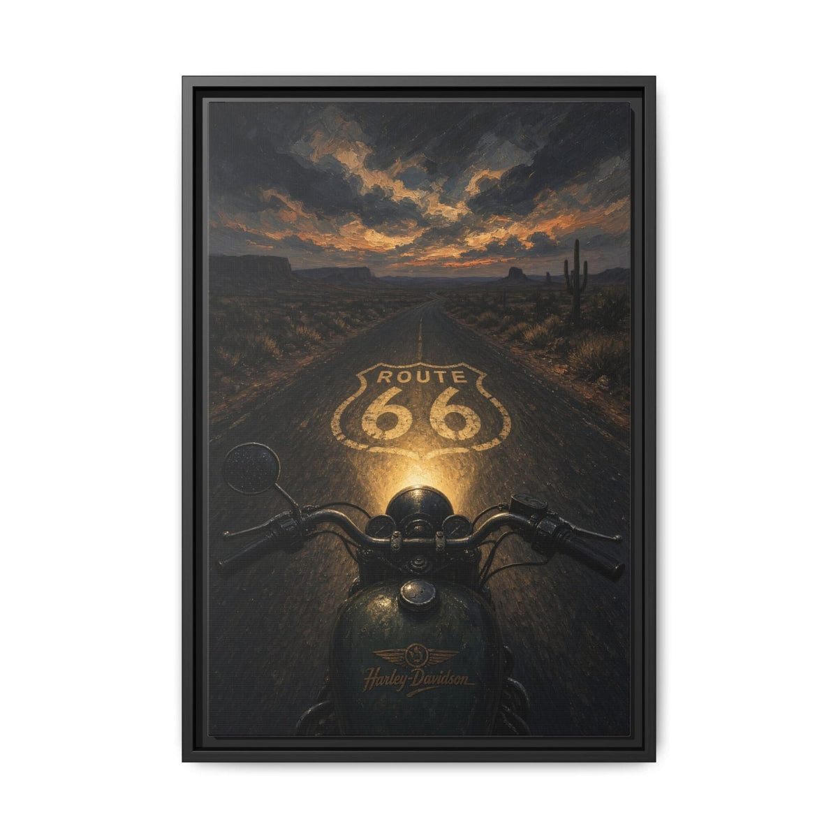 Framed Route 66 motorcycle canvas print, motorcycle front with Route 66 66 sign on desert path