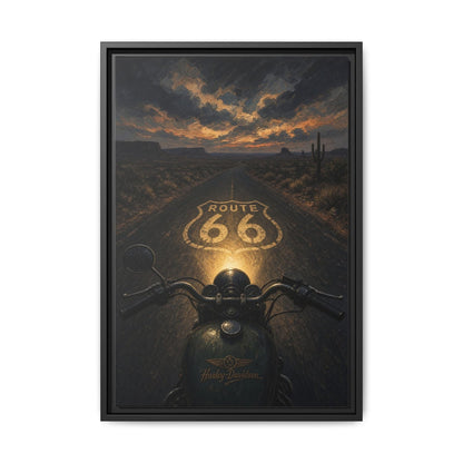 Framed Route 66 motorcycle canvas print, motorcycle front with Route 66 66 sign on desert path