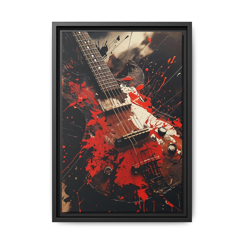 Black framed electric guitar wall art canvas, close view of red splatter guitar art.
