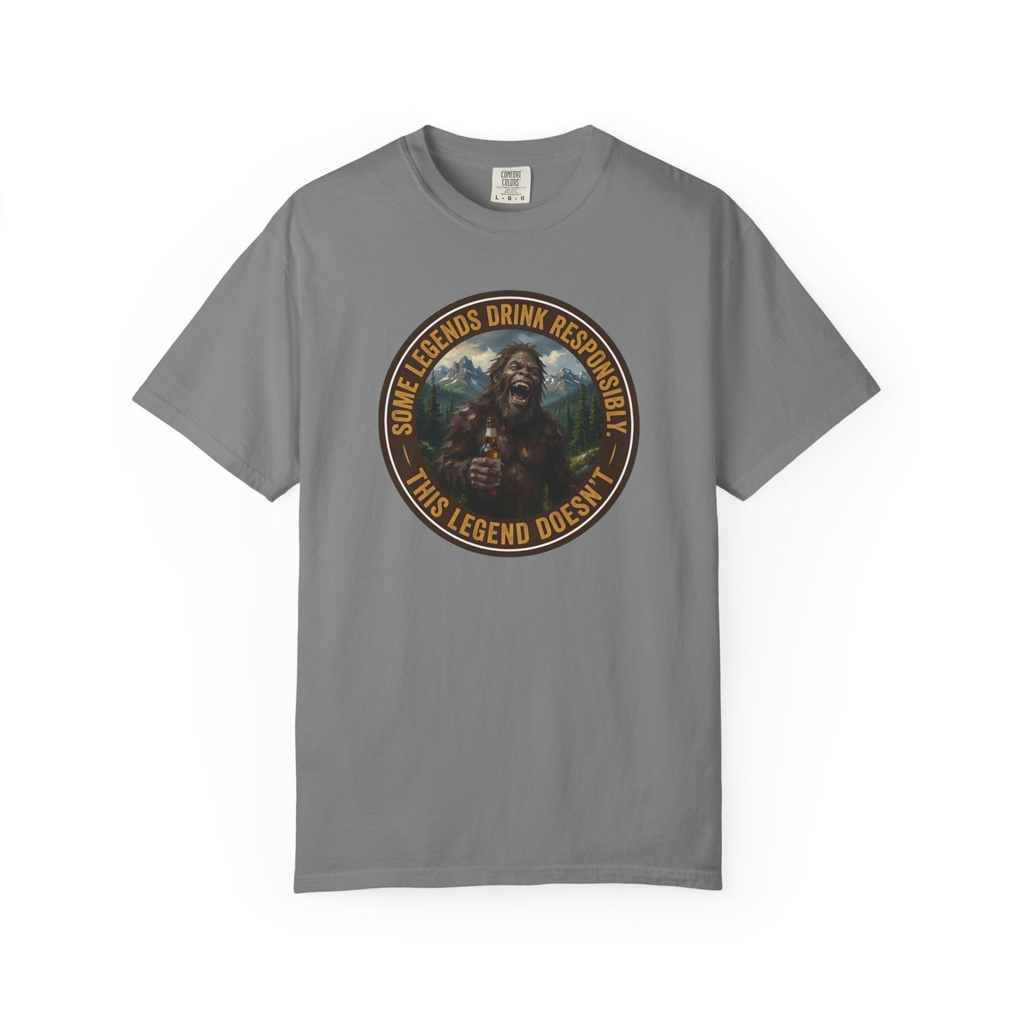 Medium gray graphic t-shirt with circular Sasquatch-themed logo on the front