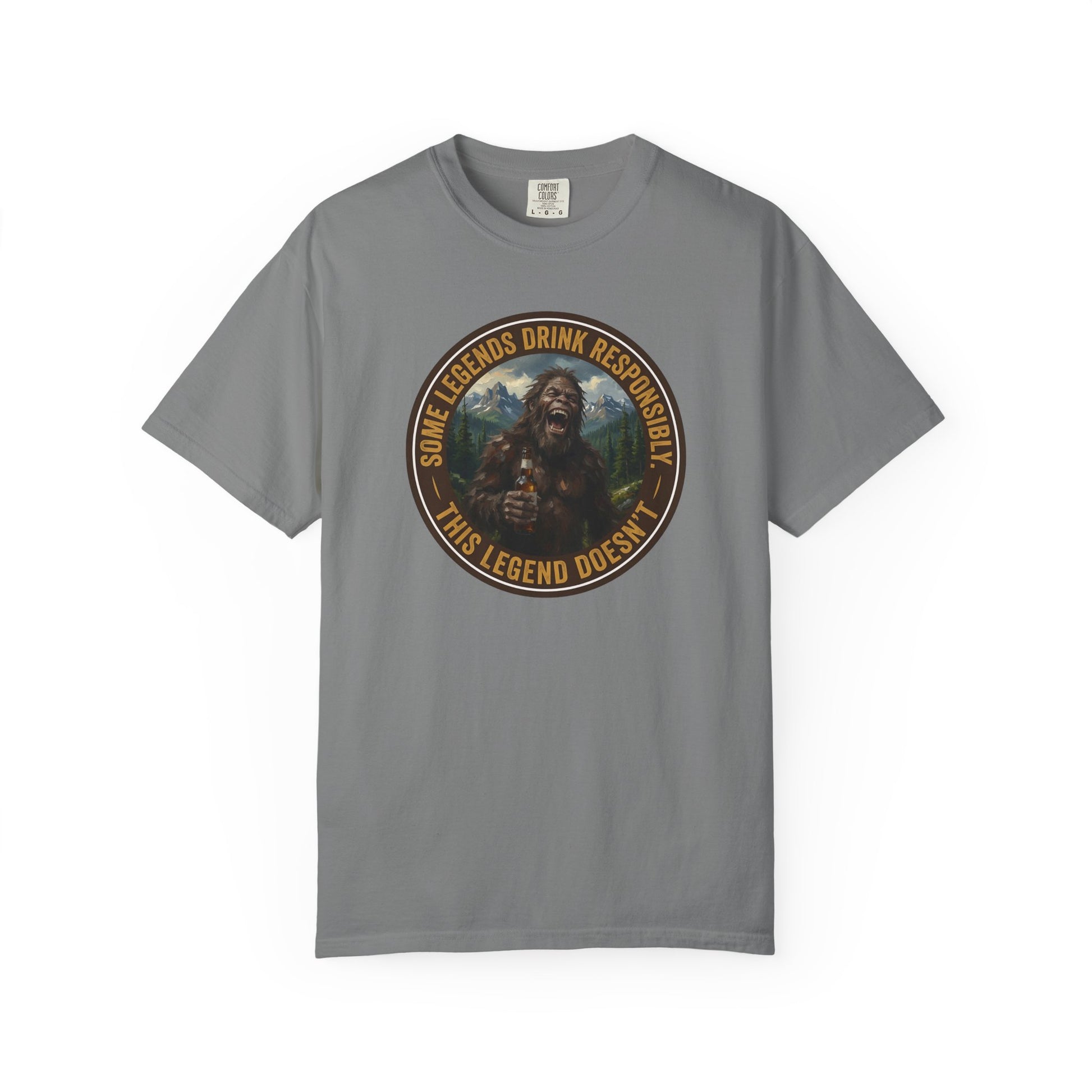 Medium gray graphic t-shirt with circular Sasquatch-themed logo on the front