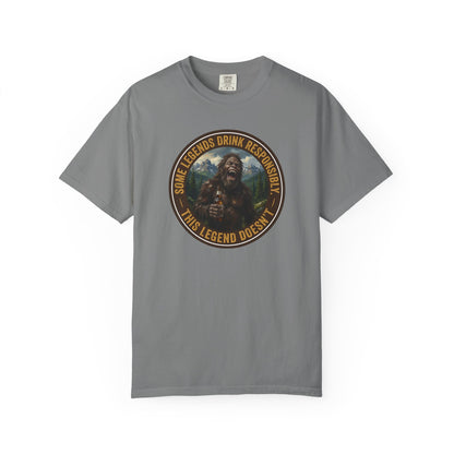Medium gray graphic t-shirt with circular Sasquatch-themed logo on the front