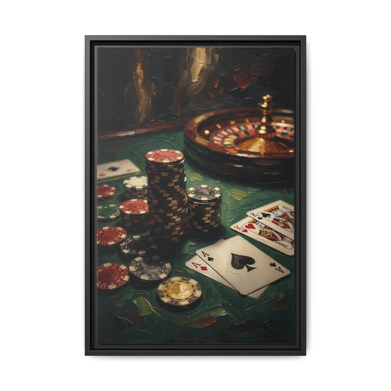 Black framed roulette and poker canvas with casino chips, roulette wheel, and dealt cards