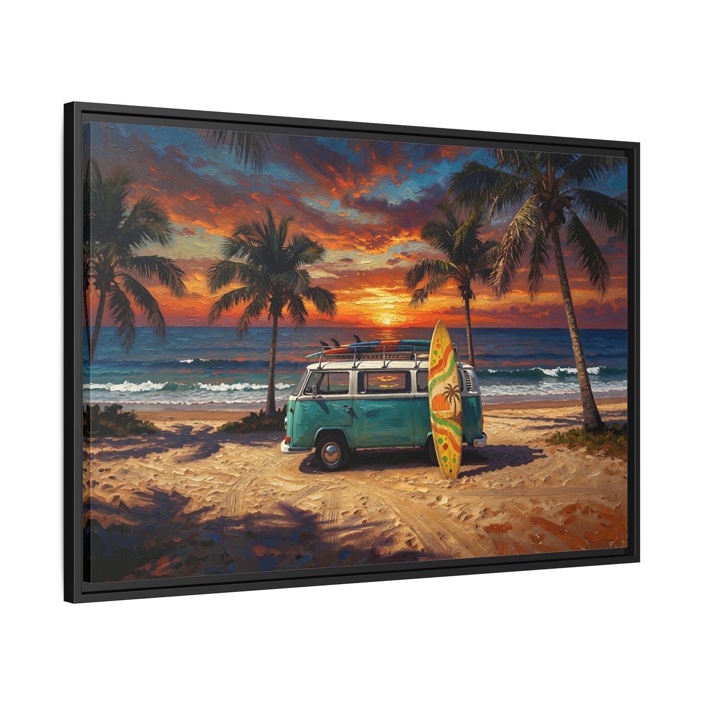 Beach Sunset Van Canvas Print — Surfboard Coastal Wall Art (Framed)