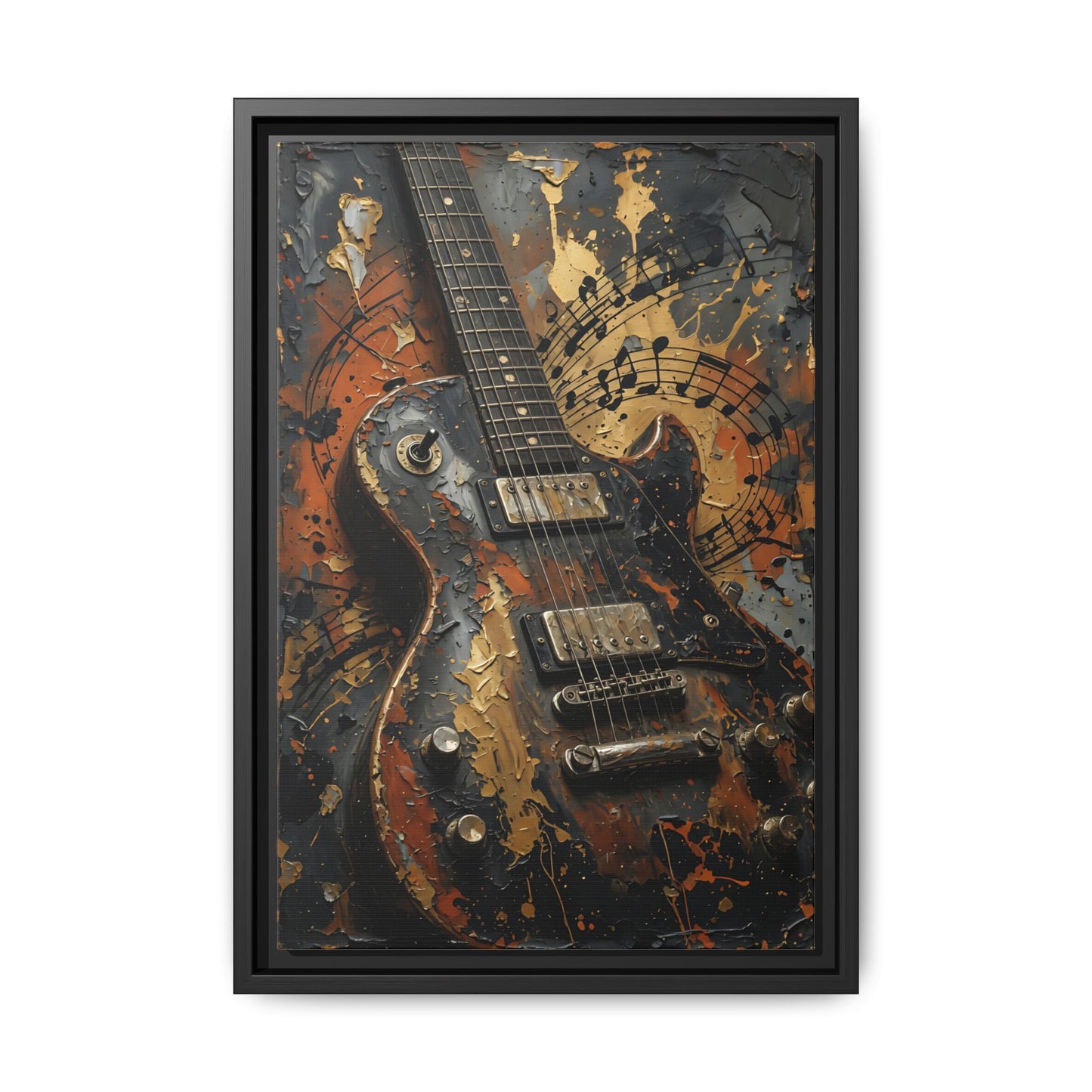Framed Guitar Canvas Art — Vintage Electric Guitar with Musical Notes