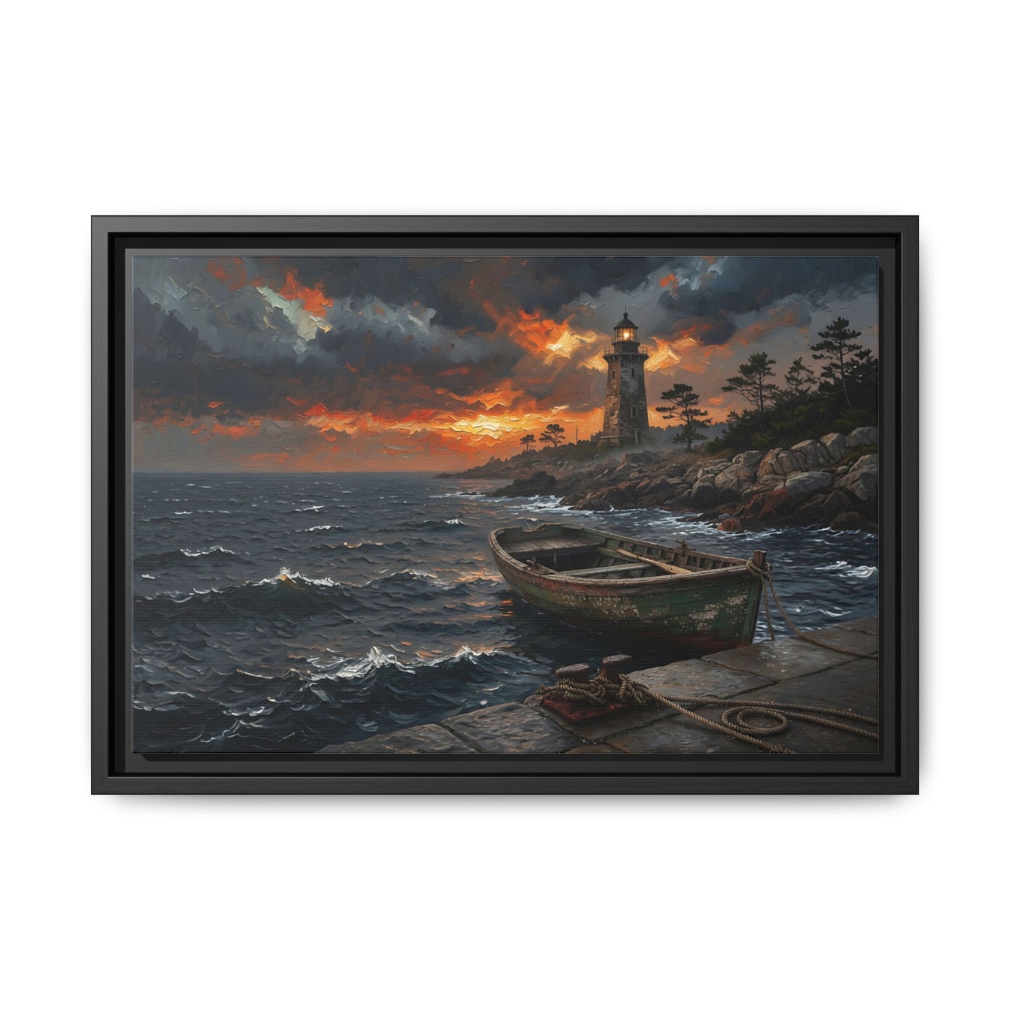 Framed canvas print featuring a rowboat near a lighthouse with rocky coastline at dusk