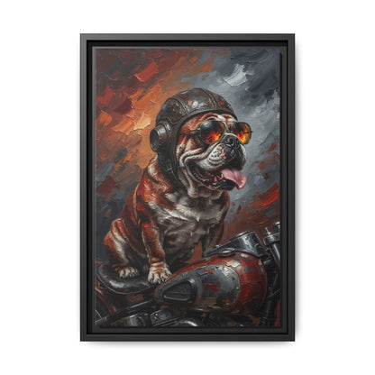 Framed canvas biker bulldog painting, black frame, roaring bulldog with motorcycle headlight
