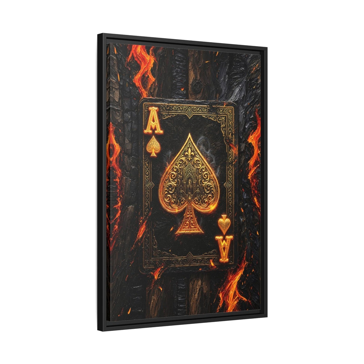 Black-framed canvas print of burning ace of spades card with orange flames