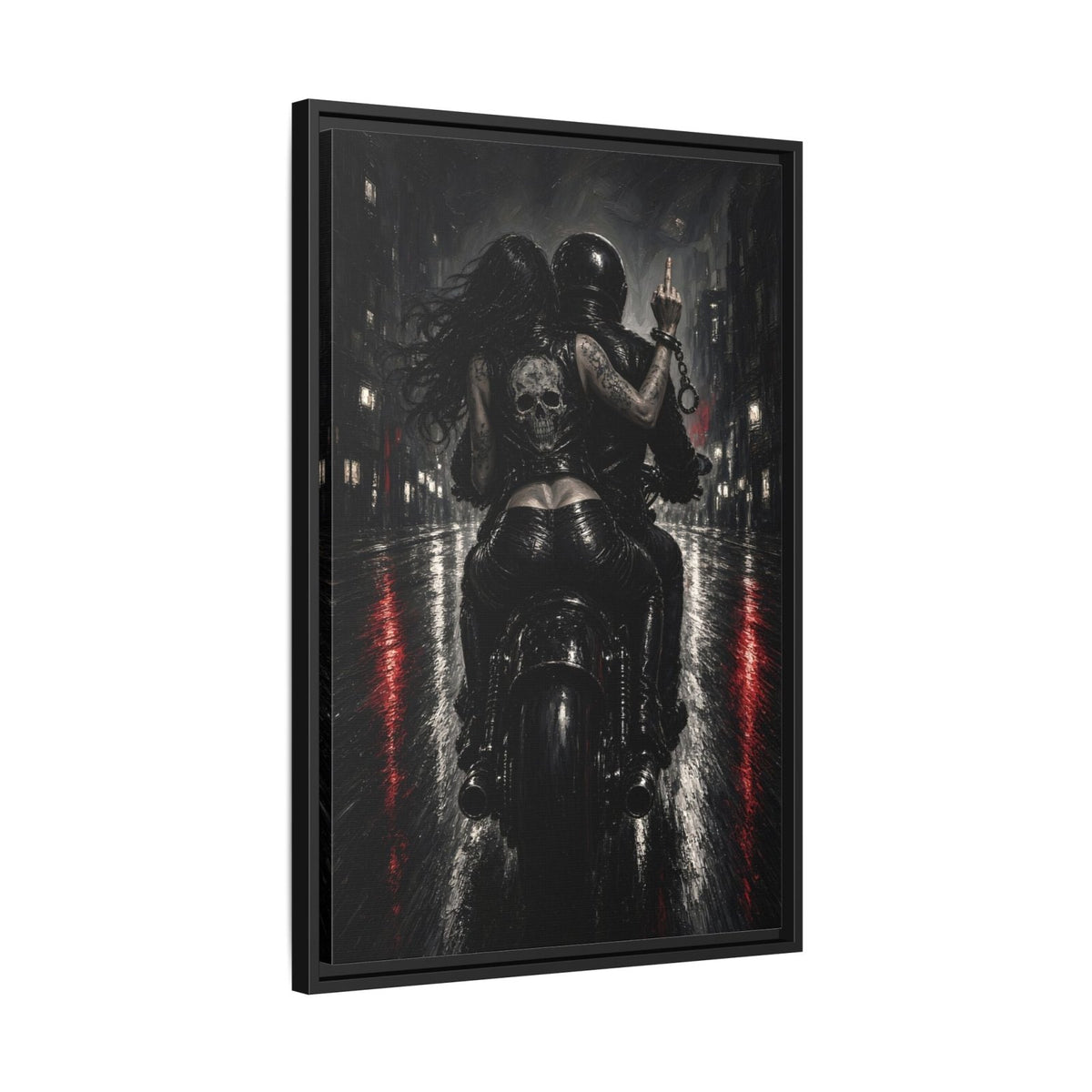 Black-framed biker canvas, angled view, monochrome skeleton rider on motorcycle