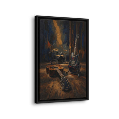 Vertical framed canvas print showing guitars and drum set with dramatic lighting