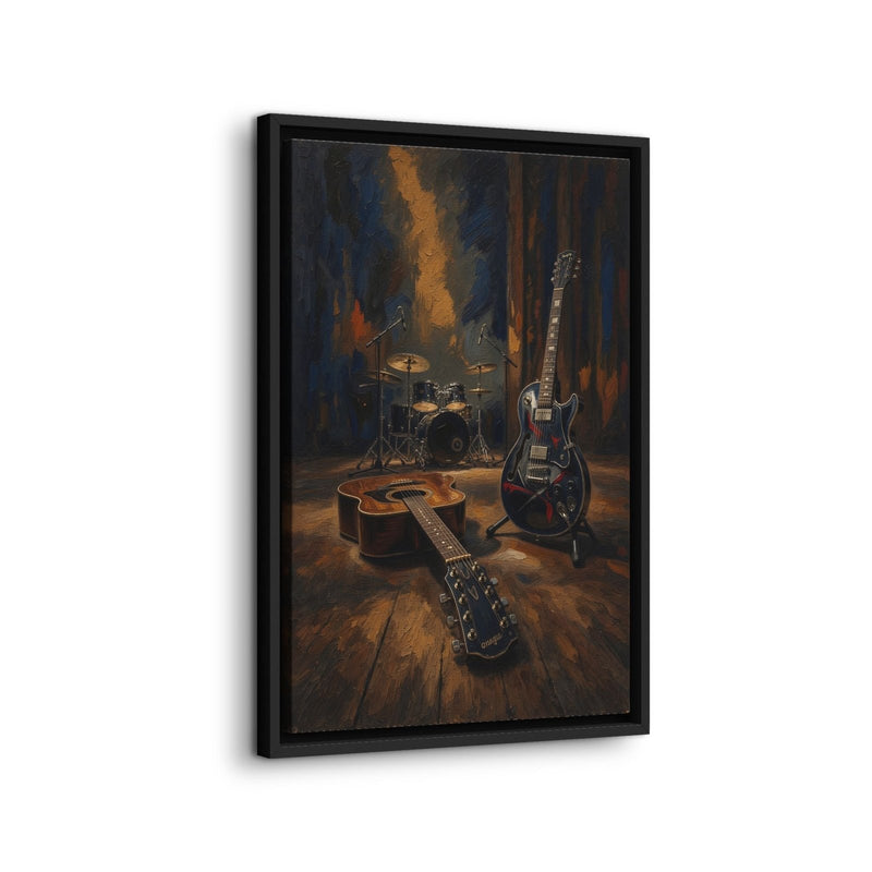 Vertical framed canvas print showing guitars and drum set with dramatic lighting