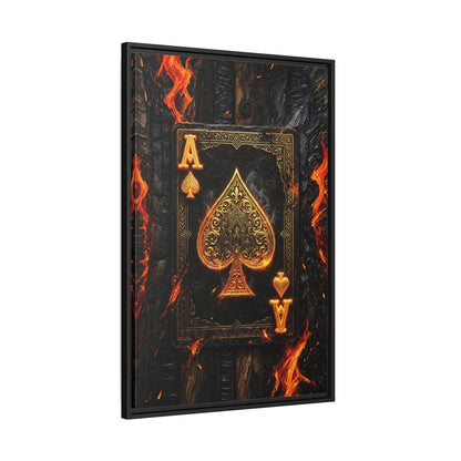 Angled view of black-framed canvas showing burning ace of spades with orange flames