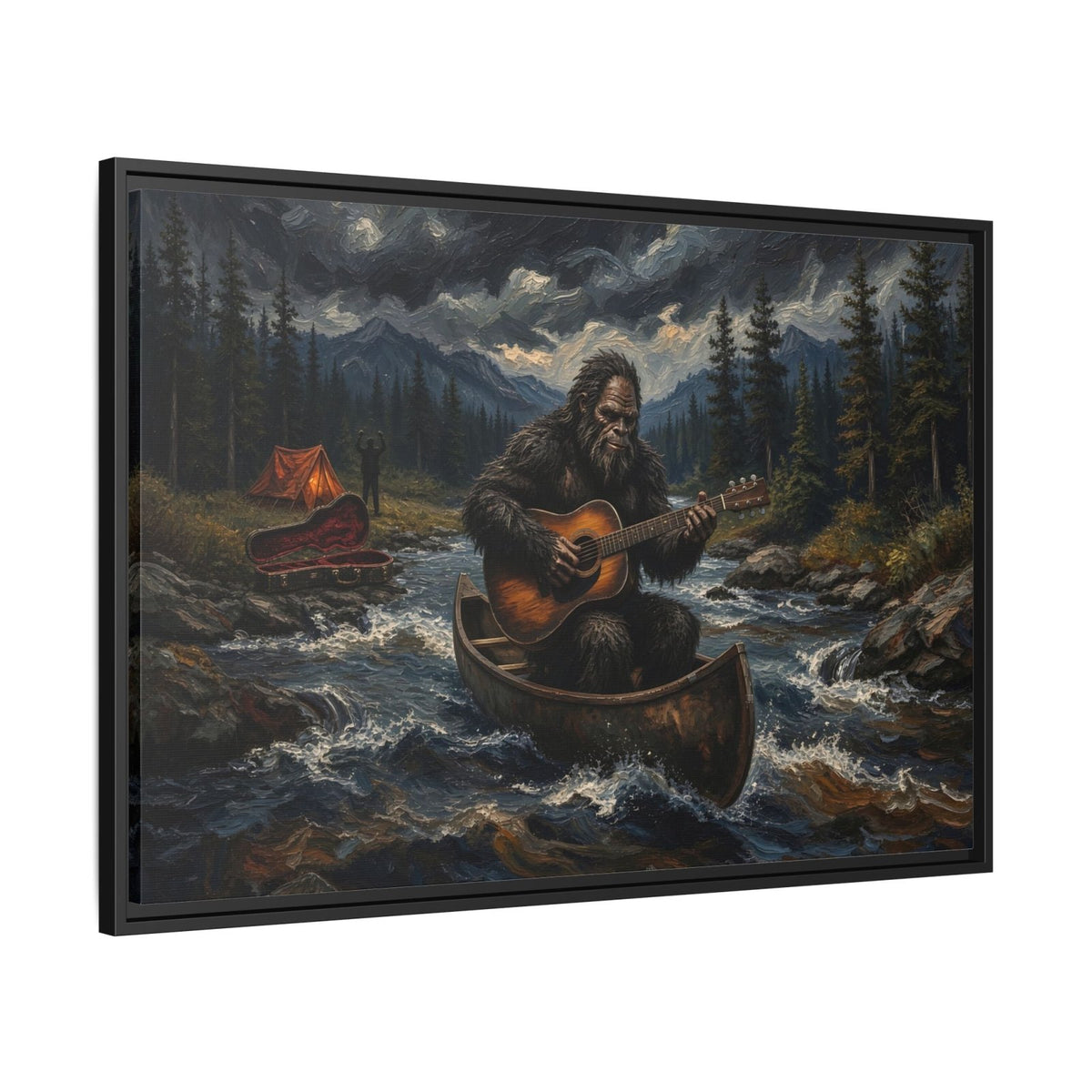 Framed canvas wall art with black frame, Bigfoot paddling canoe and playing guitar amid forest trees