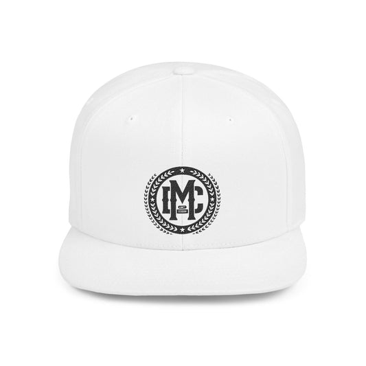White flat bill snapback hat with front circular logo emblem
