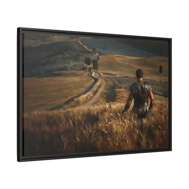 Black-framed matte canvas print, angled view of two figures in a grassy landscape with hills