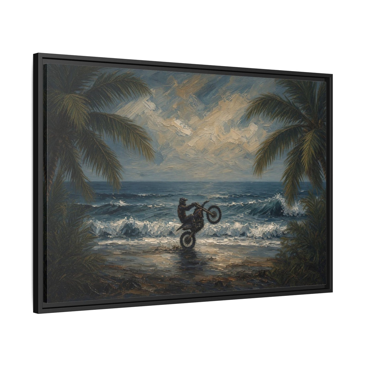 Black-framed beach dirt bike canvas with palm trees, churning waves, and wet-sand shoreline
